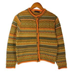 Alpaca 111 Knit Wool Cardigan Sweater Fair Isle Orange Boho Made in Peru XS